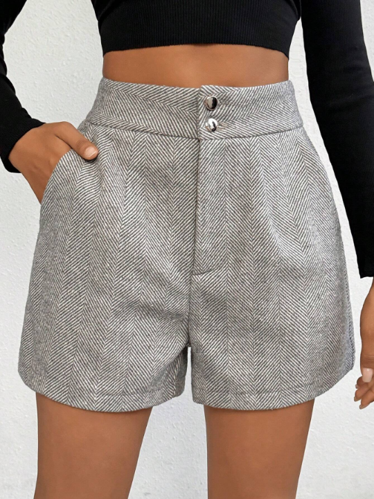 Priv Herringbone Button Front Shorts