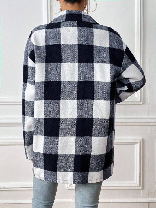 Buffalo Plaid Print Drop Shoulder Overcoat