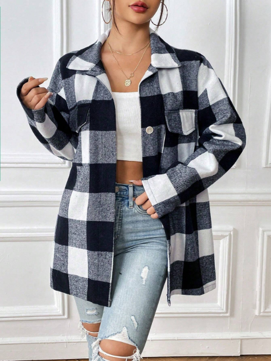 Buffalo Plaid Print Drop Shoulder Overcoat