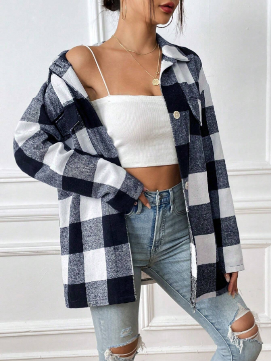 Buffalo Plaid Print Drop Shoulder Overcoat