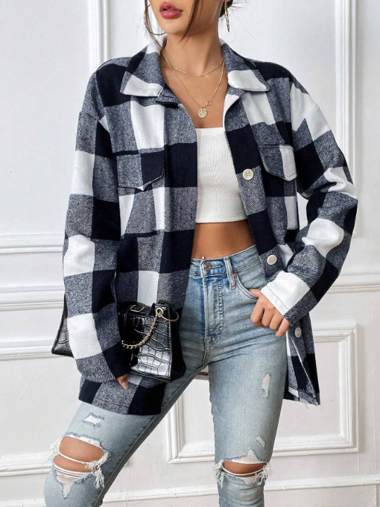 Buffalo Plaid Print Drop Shoulder Overcoat