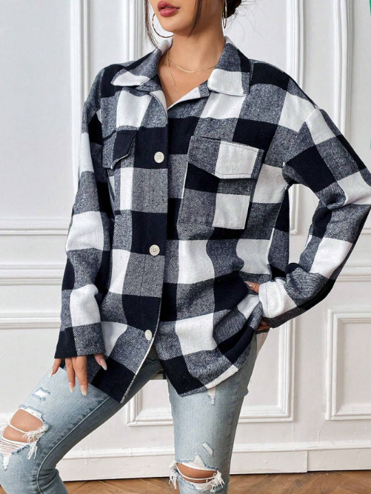 Buffalo Plaid Print Drop Shoulder Overcoat