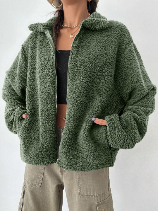 Women's Drop-shoulder Teddy Regular Coat