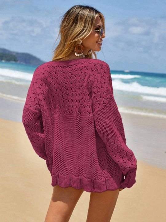 Frenchy Drawstring Front Drop Shoulder Pointelle Knit Sweater