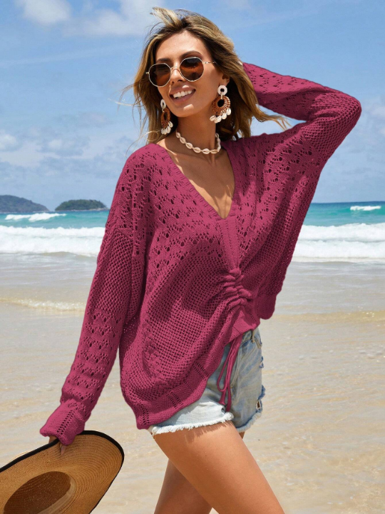 Frenchy Drawstring Front Drop Shoulder Pointelle Knit Sweater