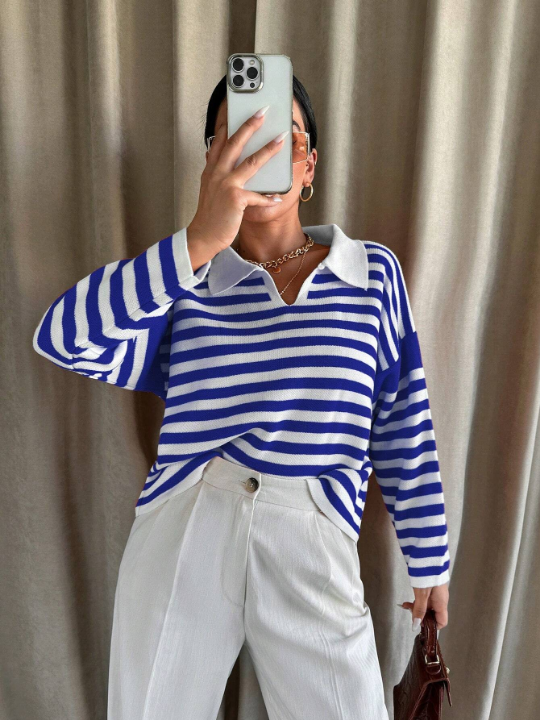 Women's Loose Striped Drop Shoulder Sweater With Color Block