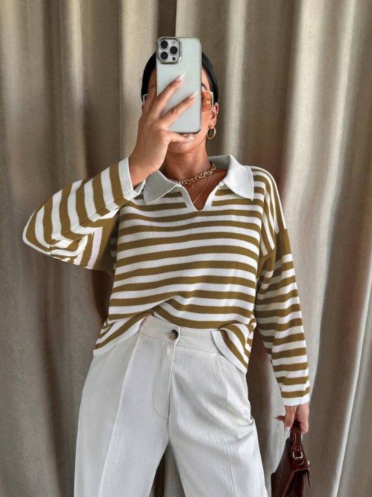 Women's Striped Patchwork Collar Drop Shoulder Sweater