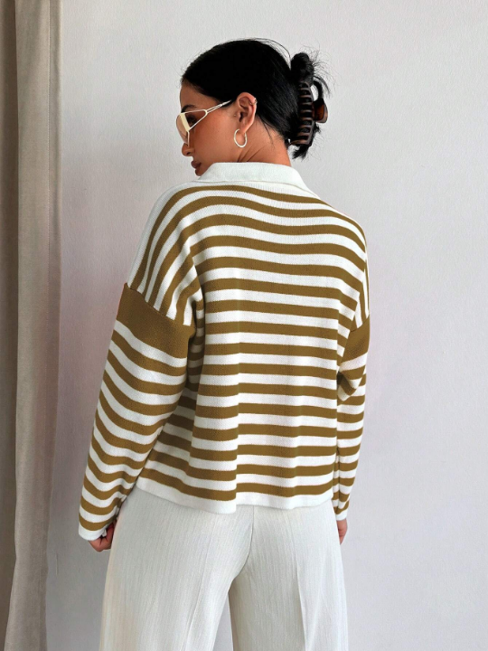 Women's Striped Patchwork Collar Drop Shoulder Sweater