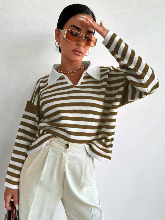 Women's Striped Patchwork Collar Drop Shoulder Sweater