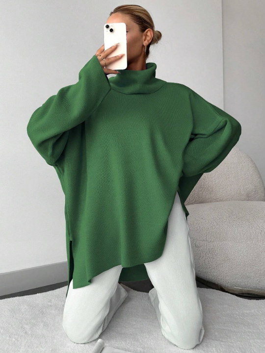 Women's Solid Color Turtleneck Bat Sleeve Slit Hem Sweater