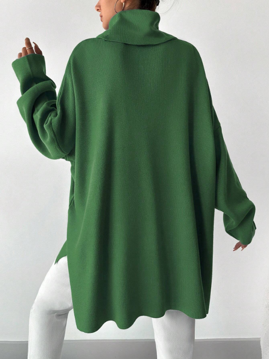 Women's Solid Color Turtleneck Bat Sleeve Slit Hem Sweater