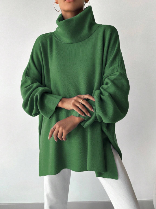 Women's Solid Color Turtleneck Bat Sleeve Slit Hem Sweater