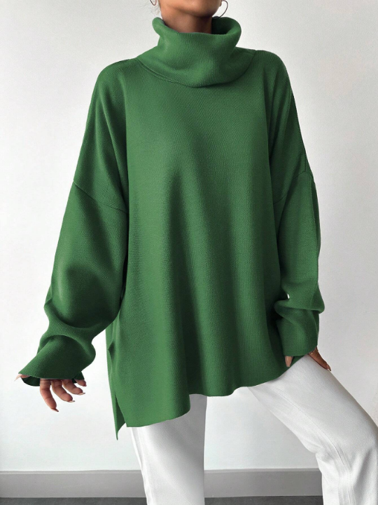 Women's Solid Color Turtleneck Bat Sleeve Slit Hem Sweater