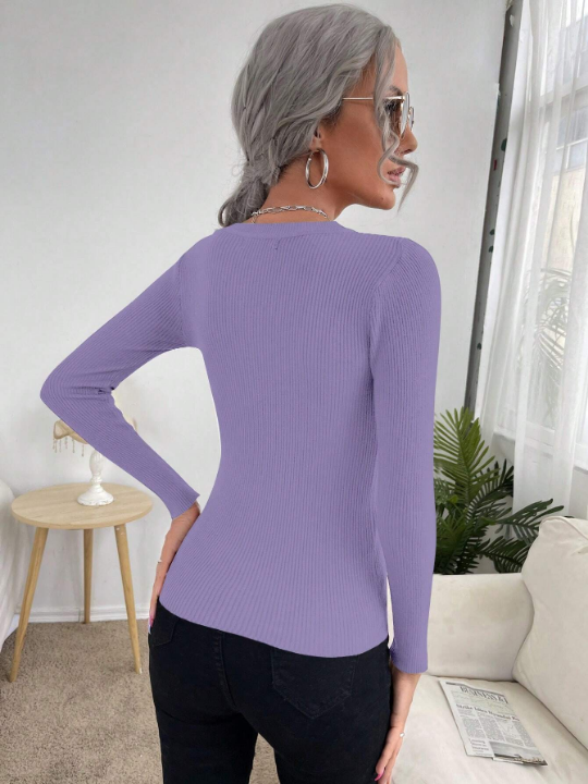 Frenchy Round Neck Solid Color Ribbed Knitted Slim Fit Sweater