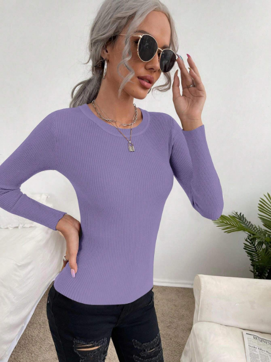 Frenchy Round Neck Solid Color Ribbed Knitted Slim Fit Sweater