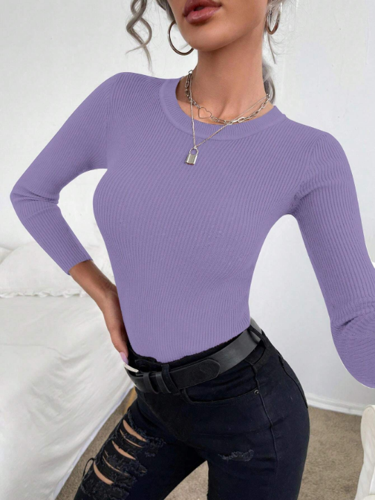 Frenchy Round Neck Solid Color Ribbed Knitted Slim Fit Sweater