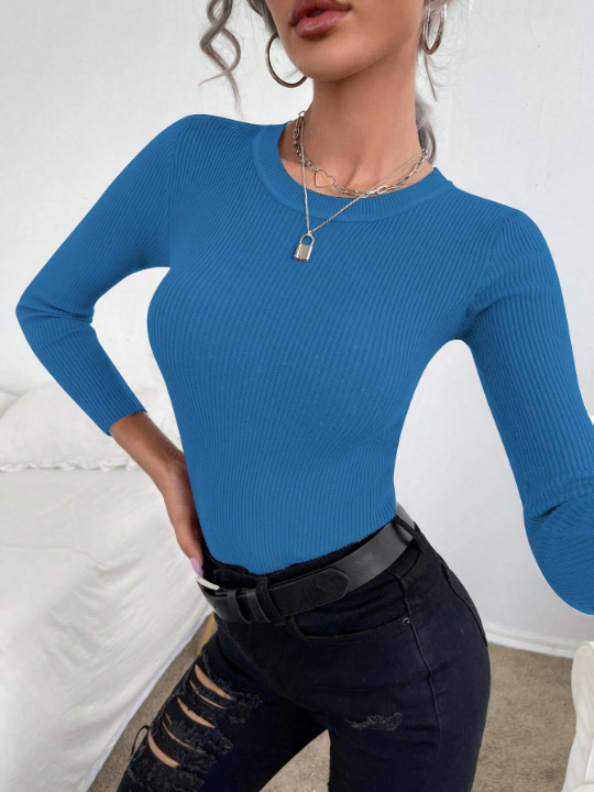 Frenchy Solid Color Slim Fit Ribbed Knitted Sweater With Round Neck