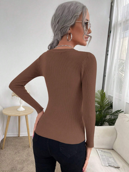 Frenchy Slim Fit Round Neck Solid Colored Ribbed Knit Sweater