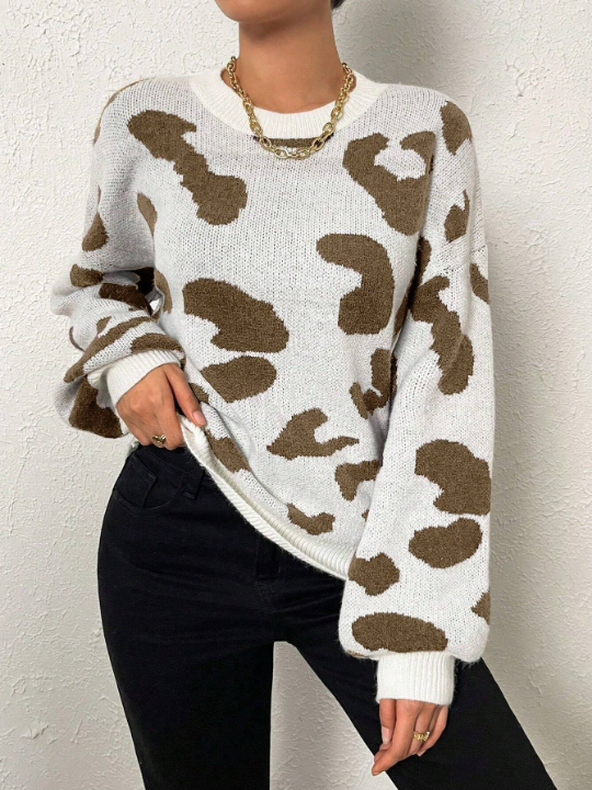 Frenchy Leopard Pattern Drop Shoulder Sweater