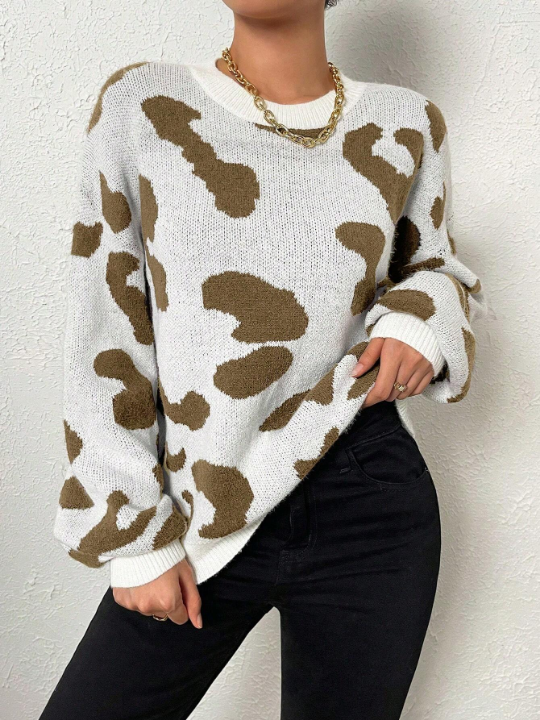 Frenchy Leopard Pattern Drop Shoulder Sweater