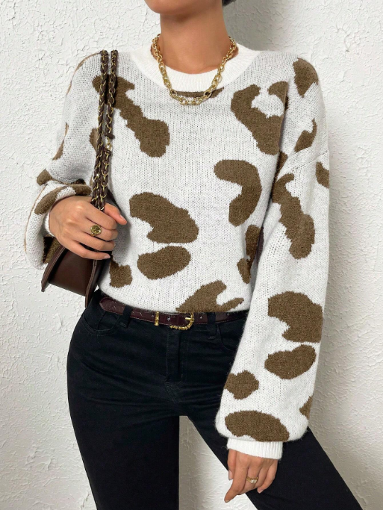 Frenchy Leopard Pattern Drop Shoulder Sweater