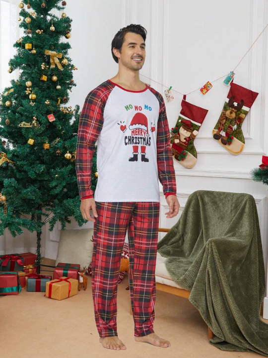 2pcs/set Men's Christmas Family Matching Pajamas Set, Santa Claus & Plaid Pattern Long Sleeve Top And Pants, Holiday Leisure Comfortable Sleepwear