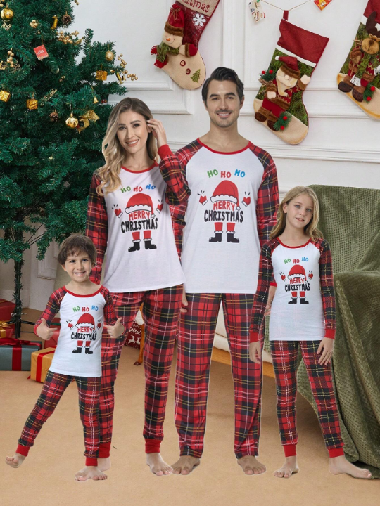 2pcs/set Men's Christmas Family Matching Pajamas Set, Santa Claus & Plaid Pattern Long Sleeve Top And Pants, Holiday Leisure Comfortable Sleepwear