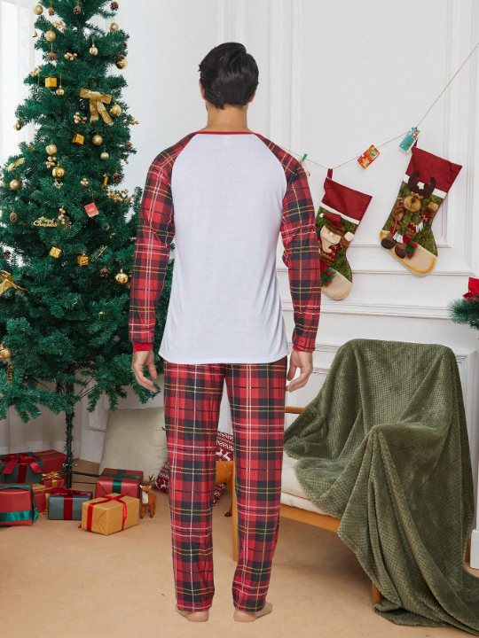 2pcs/set Men's Christmas Family Matching Pajamas Set, Santa Claus & Plaid Pattern Long Sleeve Top And Pants, Holiday Leisure Comfortable Sleepwear