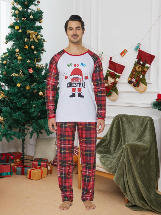 2pcs/set Men's Christmas Family Matching Pajamas Set, Santa Claus & Plaid Pattern Long Sleeve Top And Pants, Holiday Leisure Comfortable Sleepwear
