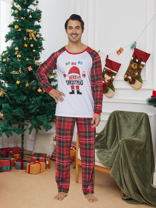 2pcs/set Men's Christmas Family Matching Pajamas Set, Santa Claus & Plaid Pattern Long Sleeve Top And Pants, Holiday Leisure Comfortable Sleepwear