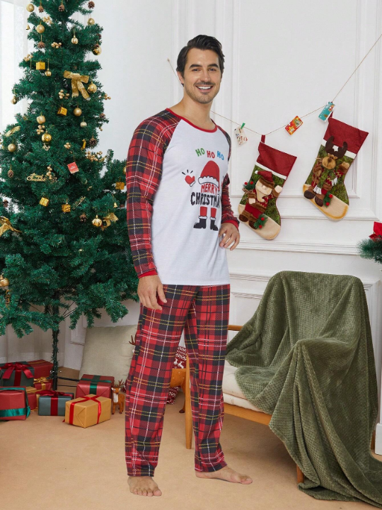 2pcs/set Men's Christmas Family Matching Pajamas Set, Santa Claus & Plaid Pattern Long Sleeve Top And Pants, Holiday Leisure Comfortable Sleepwear