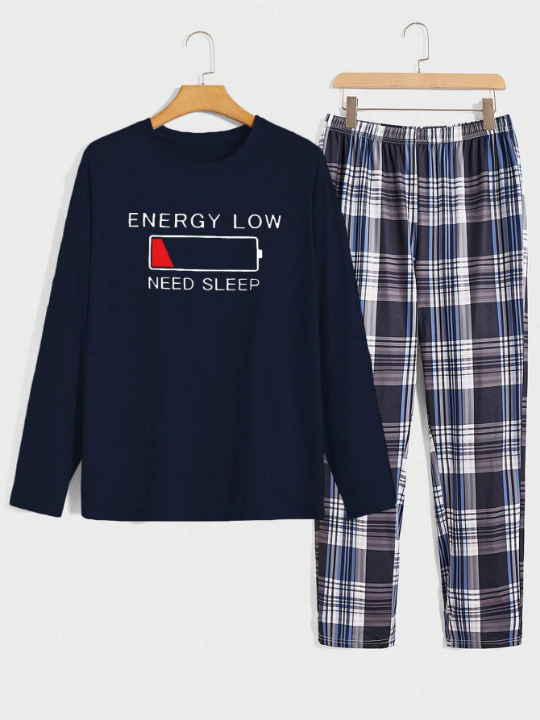 Men Slogan Graphic Tee & Plaid Pants PJ Set