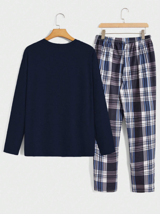 Men Slogan Graphic Tee & Plaid Pants PJ Set