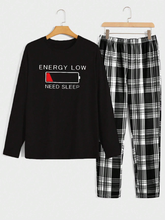 Men Slogan Graphic Tee & Plaid Pants PJ Set