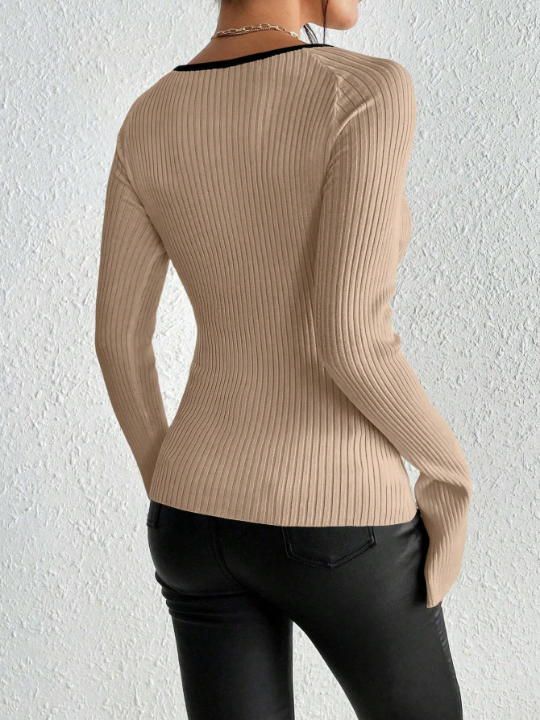 Priv Contrast Binding Sweetheart Neck Raglan Sleeve Sweater