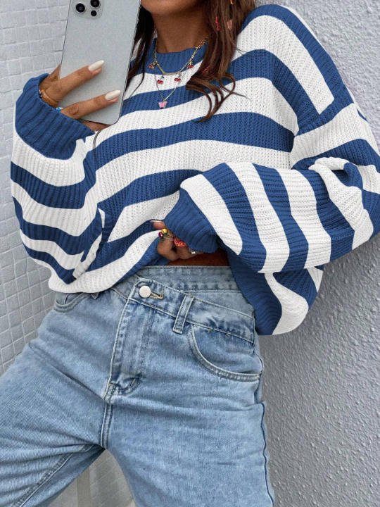 Essnce Striped Pattern Drop Shoulder Sweater