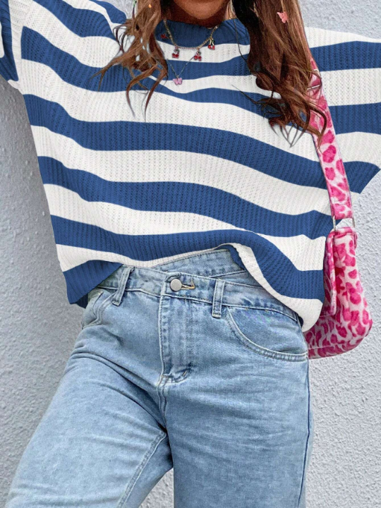 Essnce Striped Pattern Drop Shoulder Sweater