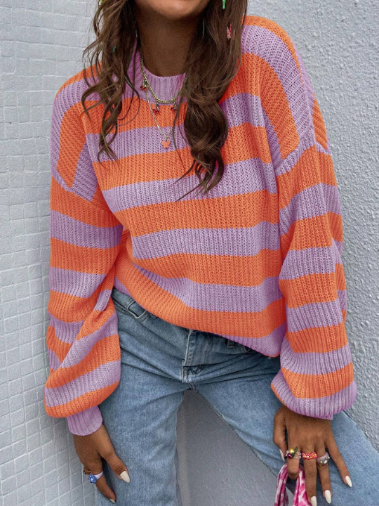 Essnce Striped Pattern Drop Shoulder Sweater