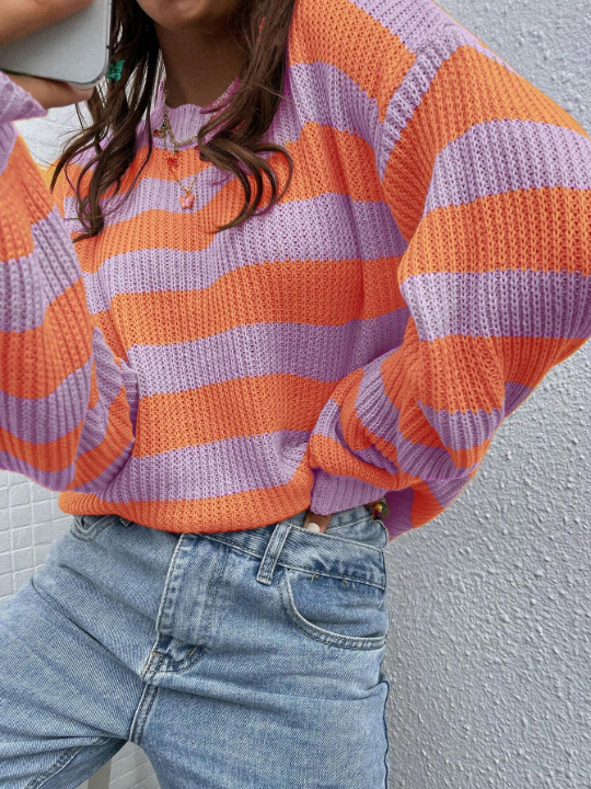 Essnce Striped Pattern Drop Shoulder Sweater