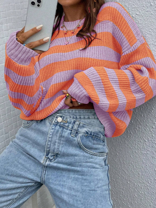 Essnce Striped Pattern Drop Shoulder Sweater