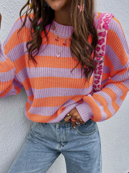 Essnce Striped Pattern Drop Shoulder Sweater