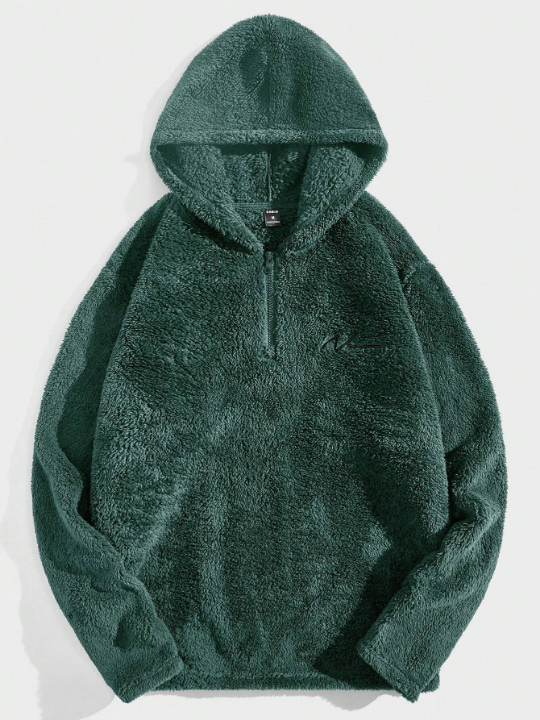 Manfinity Hypemode Men Letter Embroidery Quarter Zip Fuzzy Hoodie