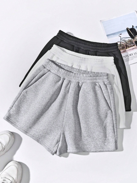 3pcs Solid Elastic Waist Track Shorts