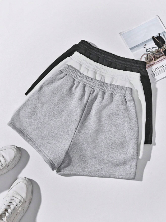 3pcs Solid Elastic Waist Track Shorts