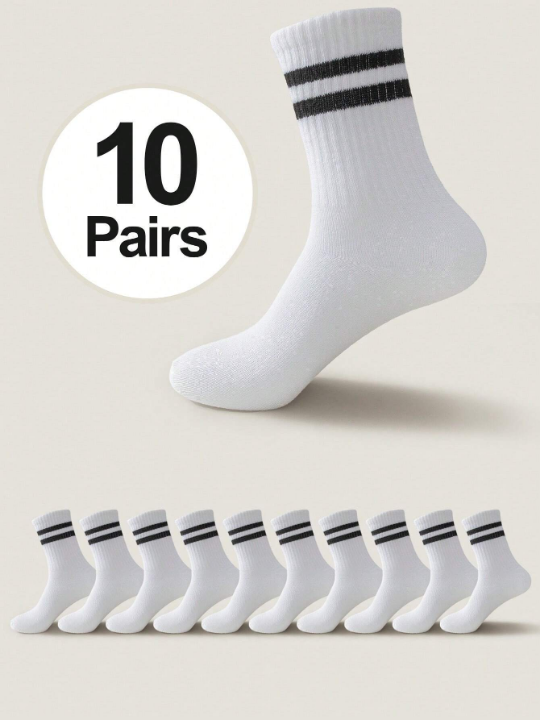 10pairs Men's Mid-calf Socks With White Stripes And Double Bars Design, Anti-odor And Sweat-absorbent, Suitable For Daily Wear
