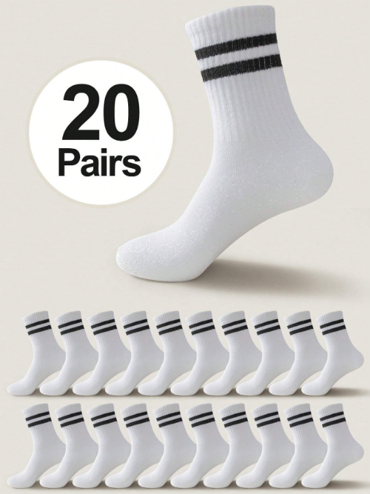 20 Pairs/set Men's Mid-calf Socks White Stripes & Double Stripes Style, Breathable & Anti-odor & Moisture Wicking, Round Collar, Suitable For Daily Life