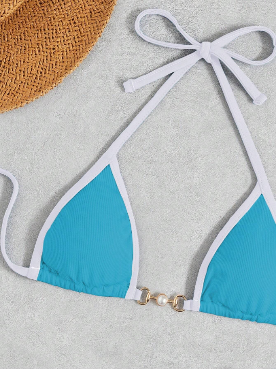 Swim Vcay Contrast Binding Halter Triangle Bikini Swimsuit