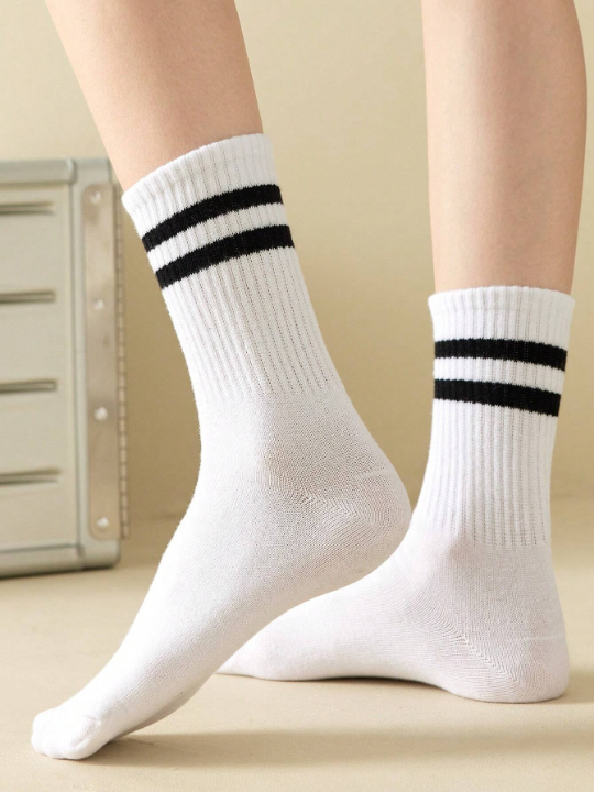 20 Pairs/set Men's Mid-calf Socks White Stripes & Double Stripes Style, Breathable & Anti-odor & Moisture Wicking, Round Collar, Suitable For Daily Life