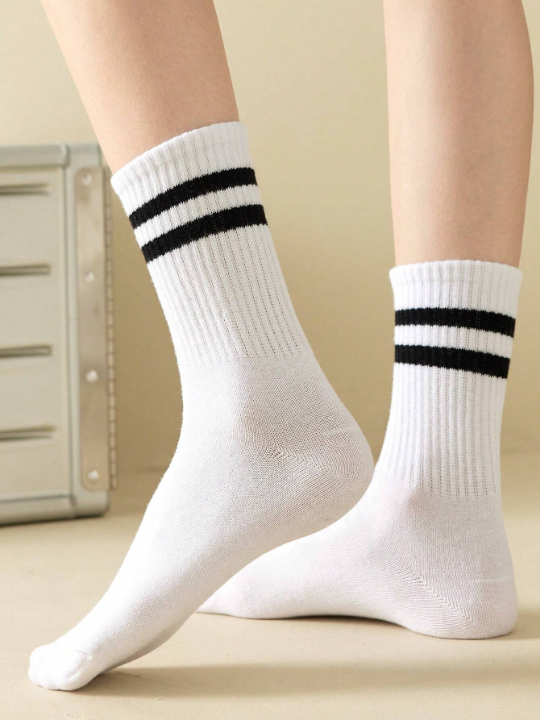 10pairs Men's Mid-calf Socks With White Stripes And Double Bars Design, Anti-odor And Sweat-absorbent, Suitable For Daily Wear