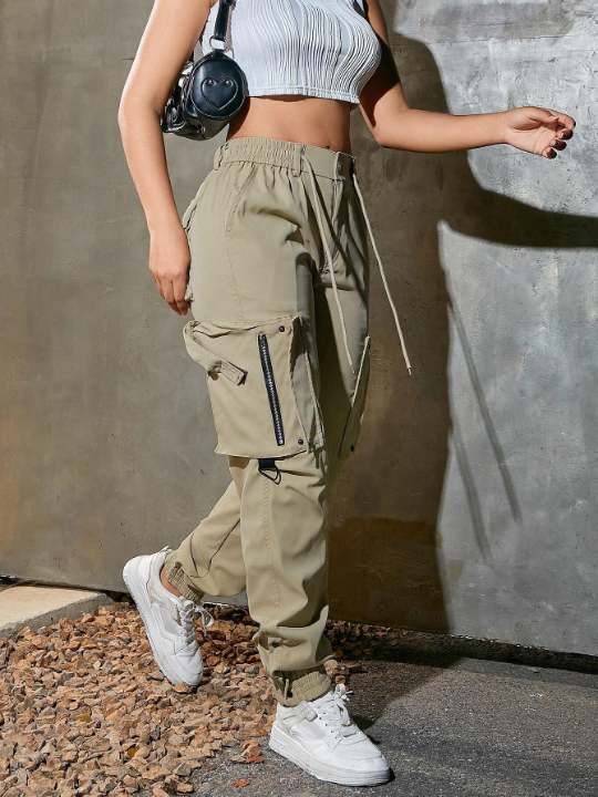 Street Flap Pocket Side Drawstring Waist Zipper Detail Button Hem Cargo Jogger Pants